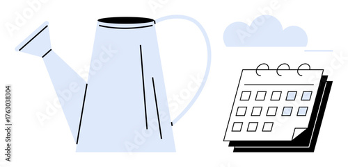 Metal watering can beside a spiral calendar and cloud symbolizes nurturing, organization, growth, schedules, planning, cultivation, and productivity. Ideal for agriculture, scheduling self-growth