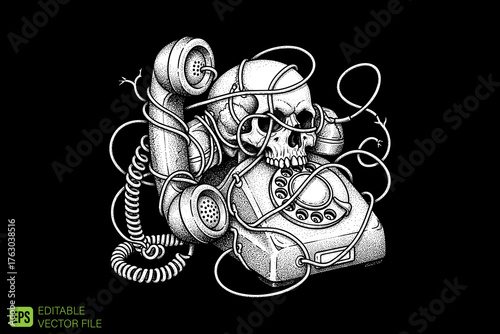 Skull entangled in vintage rotary phone wires on a dark background.