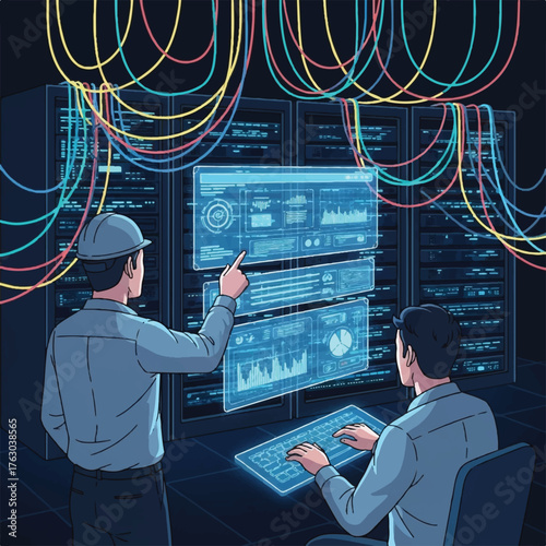 Digital Architects: Two technicians collaborate in a modern data center, meticulously managing data streams and overseeing intricate server operations.