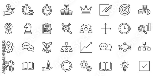 Business strategy line icons illustrating concepts like investment growth, goal achievement, teamwork, and problem solving for corporate success, showcasing modern innovative