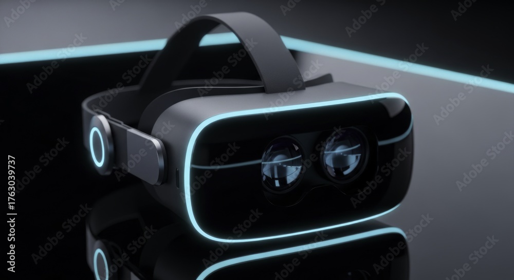 Fototapeta premium Futuristic Virtual Reality Headset with Luminous Cyan Accents, Sleek Design, and Reflective Studio Shot