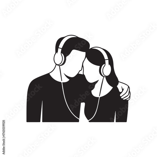 Vector art of silhouette of a couple listening to music together with headphones romantic and intimate moment