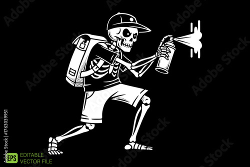 Skeleton Graffiti Artist Spray Painting Wall with Backpack and C