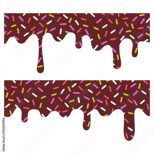 Chocolate glaze with colorful sugar sprinkles. Melting Icing with Rainbow Sprinkles Vector Set