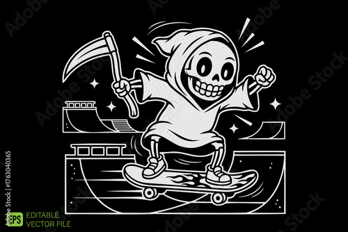Grim Reaper Skeleton Skater with Scythe at Skatepark.