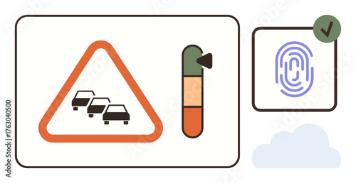 Traffic congestion warning triangle, progress gauge, fingerprint scan with verified checkmark, and cloud graphic. Ideal for safety, technology, biometric authentication, cloud storage, monitoring