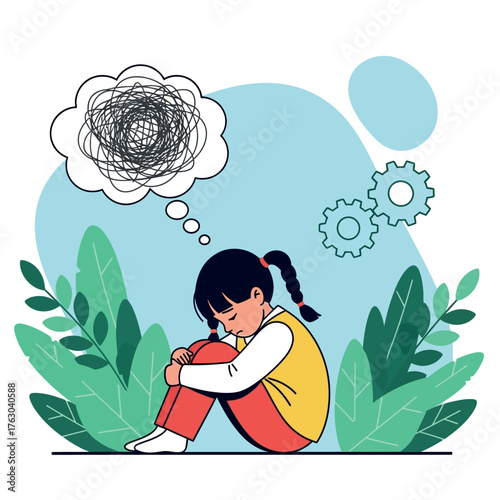 Crumpled Thoughts Girl Seeking Clarity, Child Mental Health Illustration