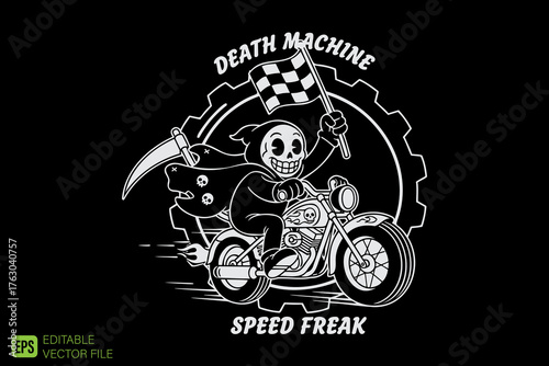 Grim Reaper Riding Motorcycle with Checkered Flag and Scythe.