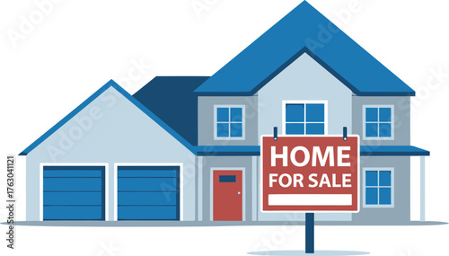 Modern two story house with red home for sale sign in front yard