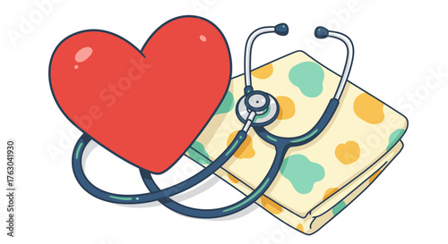 This vibrant illustration depicts a classic red heart symbol alongside a medical stethoscope and a soft patterned blanket, symbolizing comprehensive health and compassionate care.