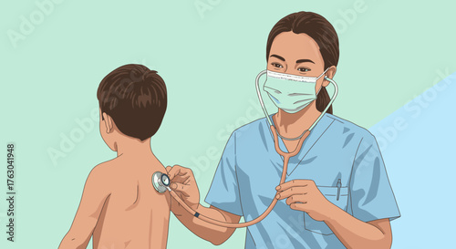 A caring medical professional, wearing a protective mask and scrubs, attentively examines a young boy's back with a stethoscope during a routine health check-up.