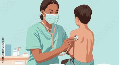 A female medical professional wearing a protective mask uses a stethoscope to check the lungs of a young boy during a routine health examination.