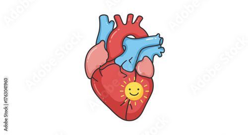 A vibrant cartoon illustration depicts a healthy human heart with a cheerful smiling sun, symbolizing well-being, happiness, and vitality.