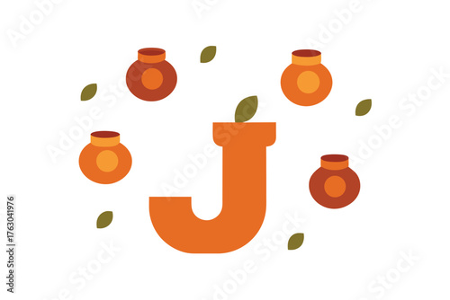 Letter j monogram surrounded by clay pots