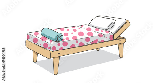 Charming vector illustration of cozy single bed, featuring pink polka dot mattress, white pillow, and rolled blue towel, perfect for relaxation.