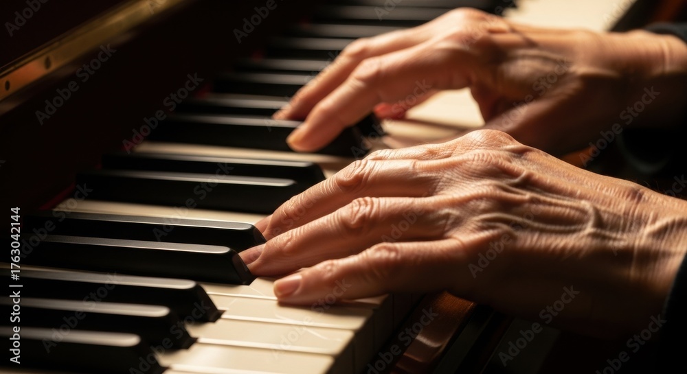 Fototapeta premium Elderly hands playing piano under warm light