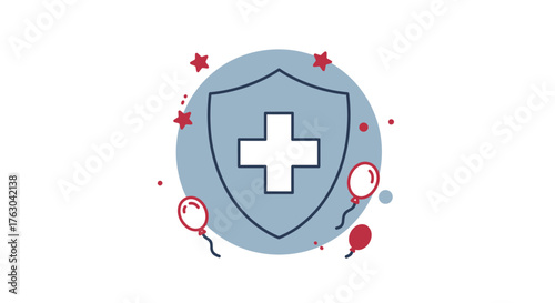 A celebratory shield icon featuring a white cross, surrounded by festive red stars and balloons, symbolizing health protection and special event awareness.