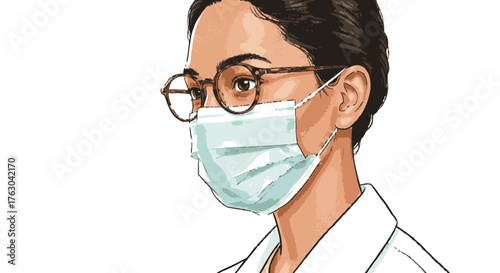 A detailed illustration portrays an individual with dark hair and round glasses, responsibly wearing a light blue surgical mask, observing something off-camera.