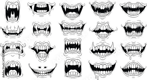 Mouth expressions, cartoon lips, monster teeth, scary fangs, drooling mouth, comic smile, horror art, fantasy illustration, vector drawing, cad drawing flat vector illustration