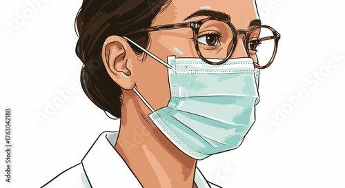 A clear illustration of an individual with eyeglasses wearing a light blue disposable face covering for essential protection against airborne particles.