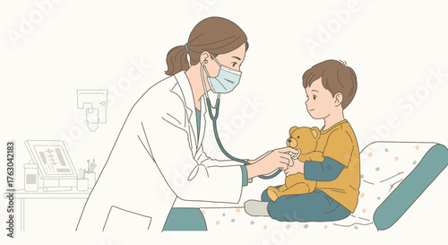 A compassionate female doctor wearing a face mask carefully listens to a young boy's heart with a stethoscope during his pediatric examination.