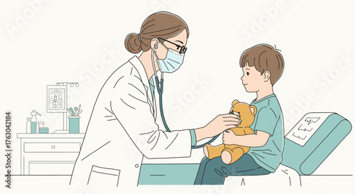 A compassionate female pediatrician, wearing a mask, uses a stethoscope on a young boy's teddy bear to ease his anxiety during a medical check-up.