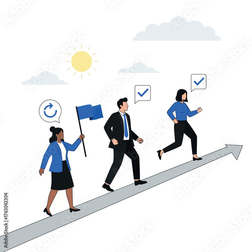 Leadership and teamwork propel a professional group along an upward path, signifying continuous business progress, successful goal attainment, and strategic development