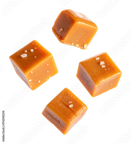 Glistening Salted Caramel Cubes Suspended in the Air for Culinary Art, Isolated on Transparent Background