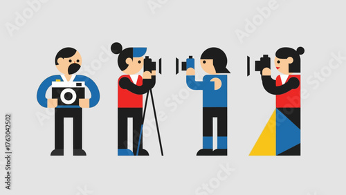 Diverse Team of Photographers in Geometric Flat Vector Illustration