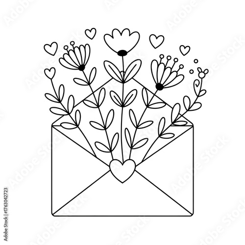 Envelope with Heart and Flowers Coloring Page for Kids and Adults