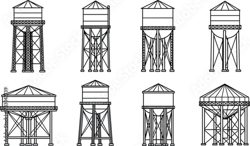 water tower, industrial storage, municipal tank, engineering structure, utility design, architectural drawing, lattice framework, cross bracing, cylindrical tank, cad drawing flat vector illustration