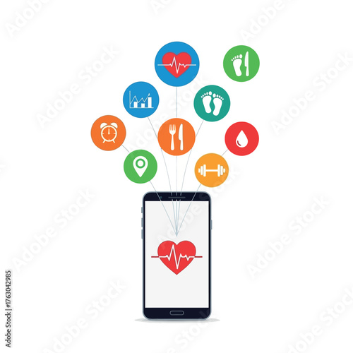 Comprehensive Mobile Health and Fitness App Concept Displaying Diverse Wellness Tracking Icons for a Healthy Lifestyle Journey