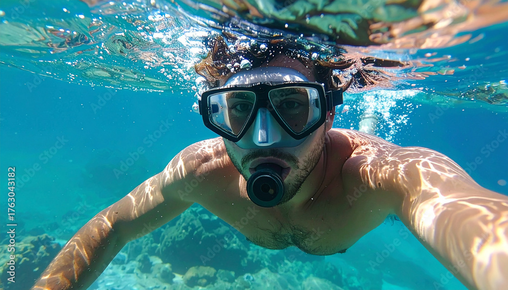 Fototapeta premium Man snorkeling underwater in clear tropical sea taking selfie near coral reef, underwater travel adventure and summer vacation lifestyle photography