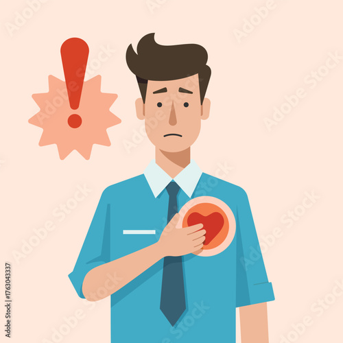 Stressed office worker holding chest with heart pain and alert symbol