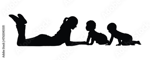 Mother lying prone on the floor with her babies isolated black silhouette on white background vector illustration.
