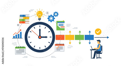 Time management and productivity concept with clock and worker illustration