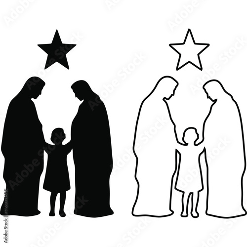 Silhouette nativity scene featuring mary joseph and jesus under a star in black and white outline version