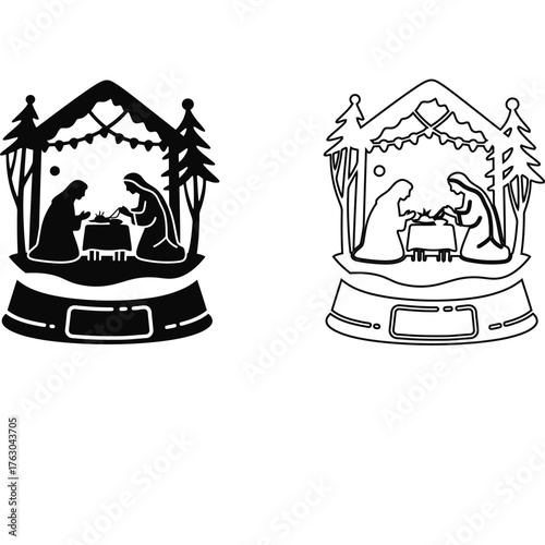 Nativity scene in snow globe silhouette and outline christmas holiday religious holy family jesus christ child