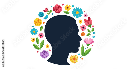 Head silhouette adorned with a floral wreath representing thoughts, mindfulness, and well-being