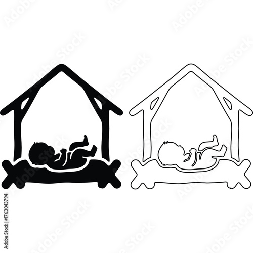Two nativity scene illustrations depicting baby jesus in a manger one filled and one outline drawing style silhouette