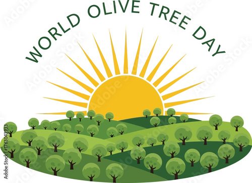 World olive tree day illustration with olive trees on rolling hills