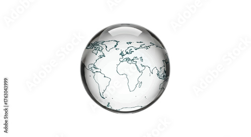 Minimalist glass sphere containing a transparent world map, representing global business and travel