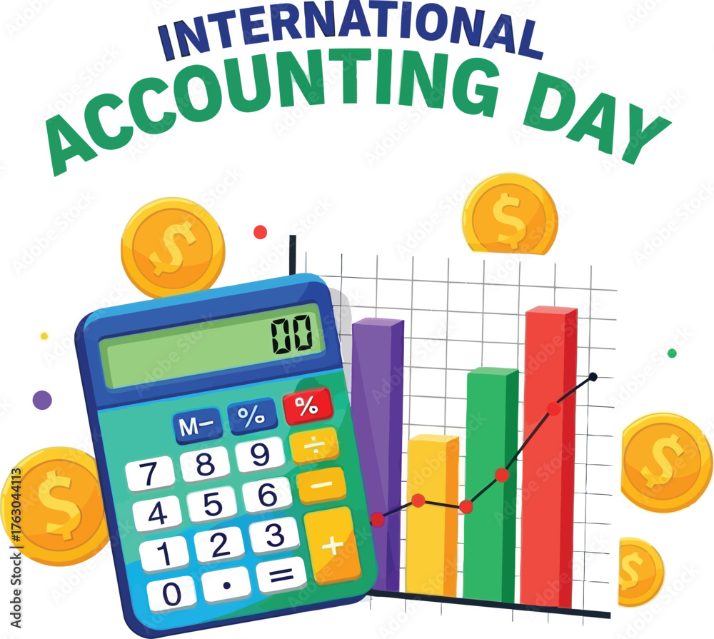 Fototapeta premium International accounting day illustration with calculator, coins, and graph