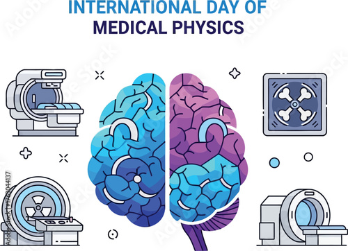 International day of medical physics illustration with brain and medical equipment