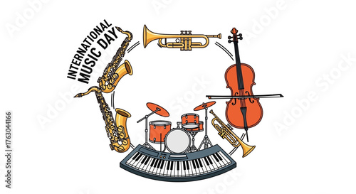Vibrant vector illustration celebrating global music day with a diverse ensemble of orchestral and modern instruments arranged in a harmonious circular design