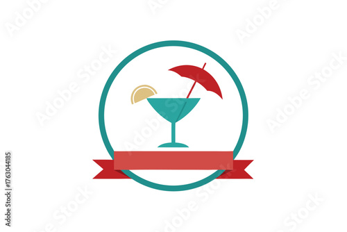 Decorative cocktail glass with ribbon and umbrella illustration
