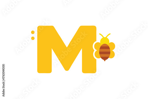 Letter m with honeybee and hive illustration