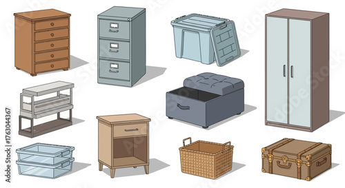 Assortment of Furniture Chests, Boxes, and Cabinets Illustration