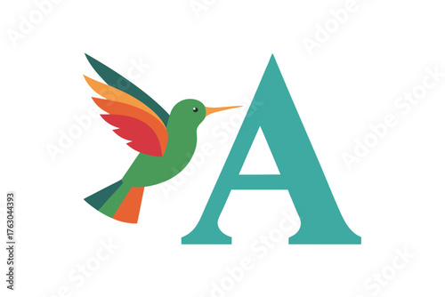Letter a with hummingbird sipping nectar illustration