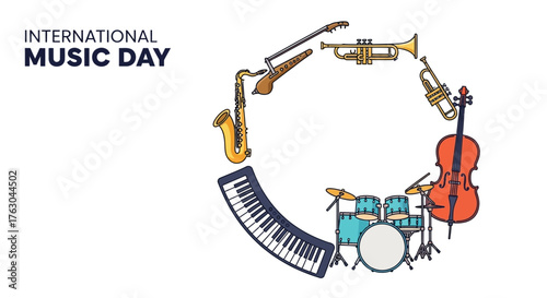 Stylized illustration featuring an array of musical instruments creatively arranged in a circular motif, ideal for celebrating music and artistic expression